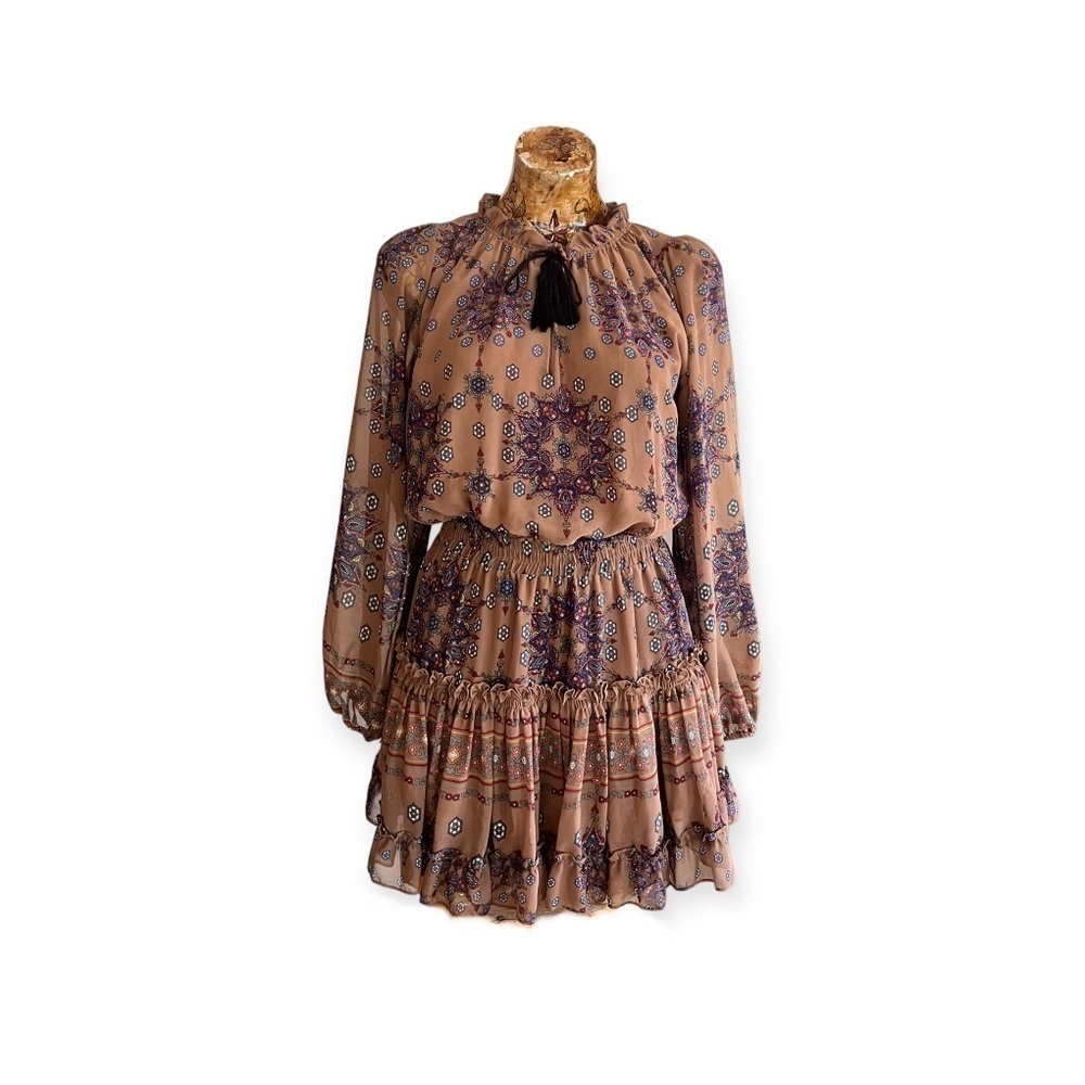 MISA Los Angeles Printed Ruffle Mini Dress Long Sleeve Boho Tie Neck